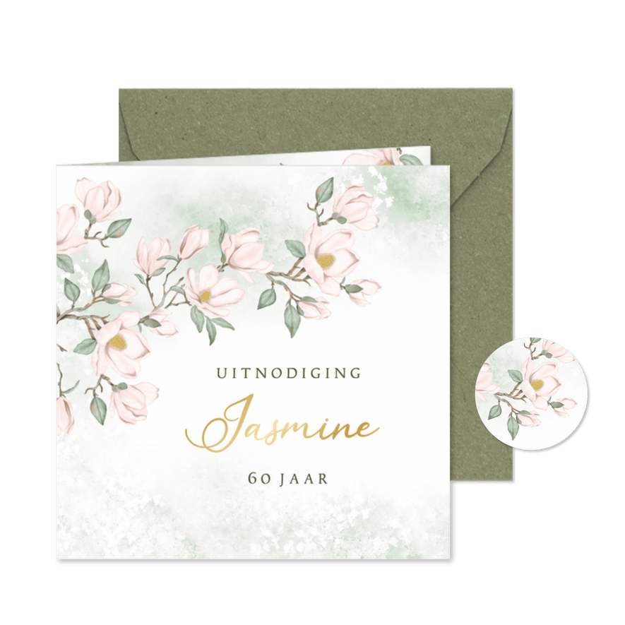 Uitnodiging met roze Magnolia bloemen - Kaartimpressie