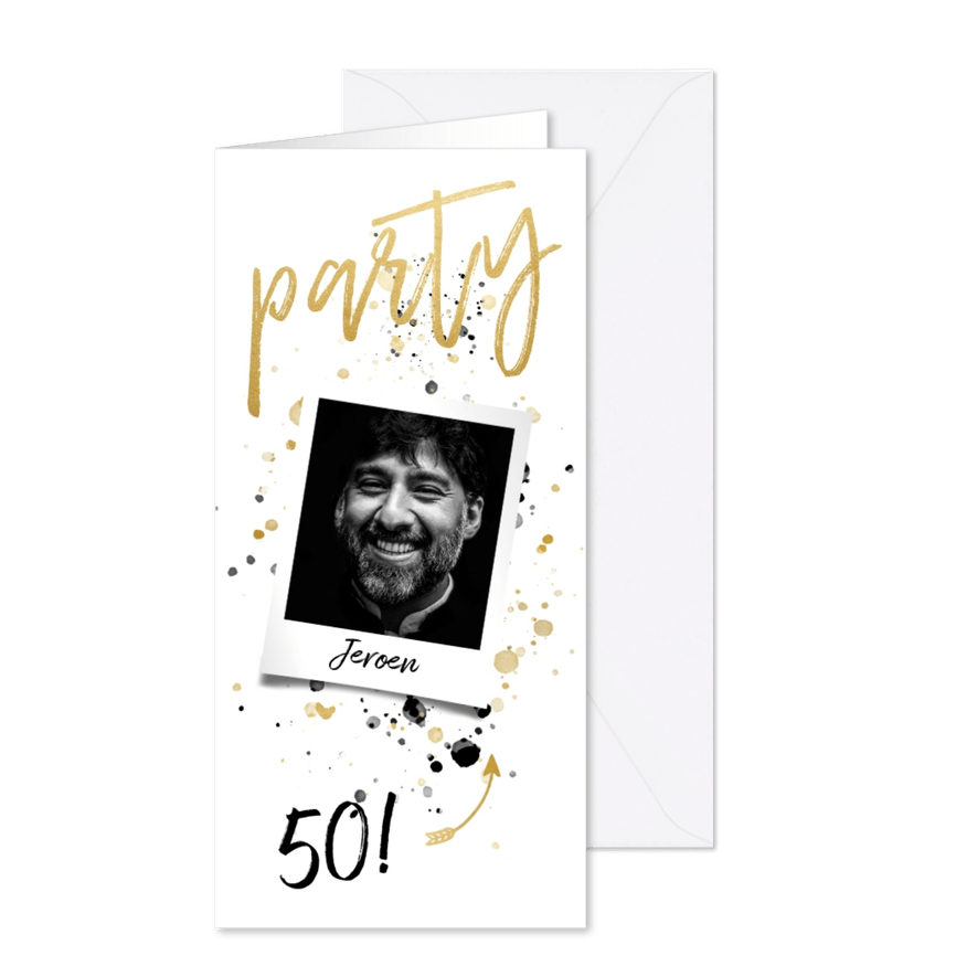 Uitnodiging met spetters 'PARTY' en foto - Kaartimpressie