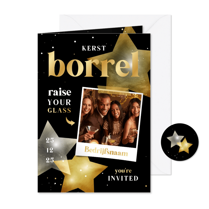 Uitnodiging met sterren kerstborrel zwart wit goud - Kaartimpressie