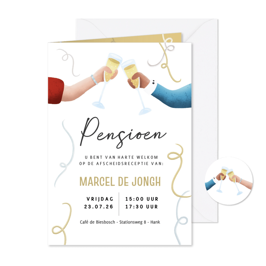 Uitnodiging met toost voor een pensioen afscheidsreceptie - Kaartimpressie