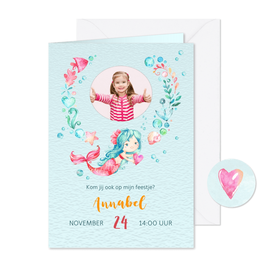 Uitnodiging met zeemeermin + eigen foto - Kaartimpressie