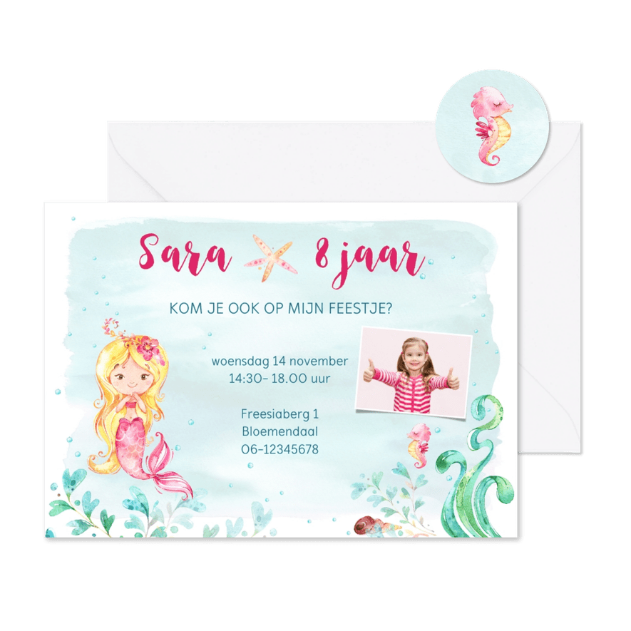 Uitnodiging met zeemeermin kinderfeestje - Kaartimpressie