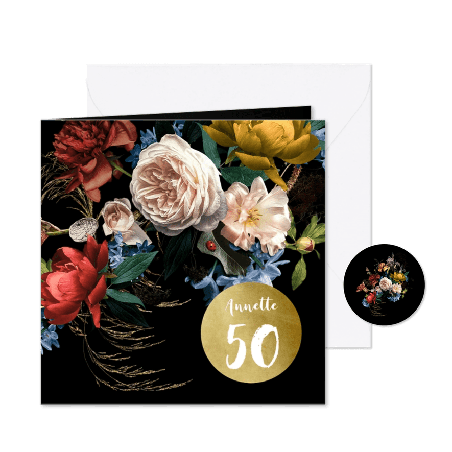 Uitnodiging modern klassiek bloem stilleven met goud - Kaartimpressie