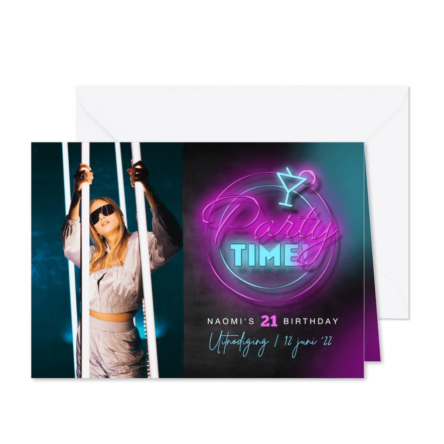 Uitnodiging neon feestje foto cocktail krijtbord - Kaartimpressie
