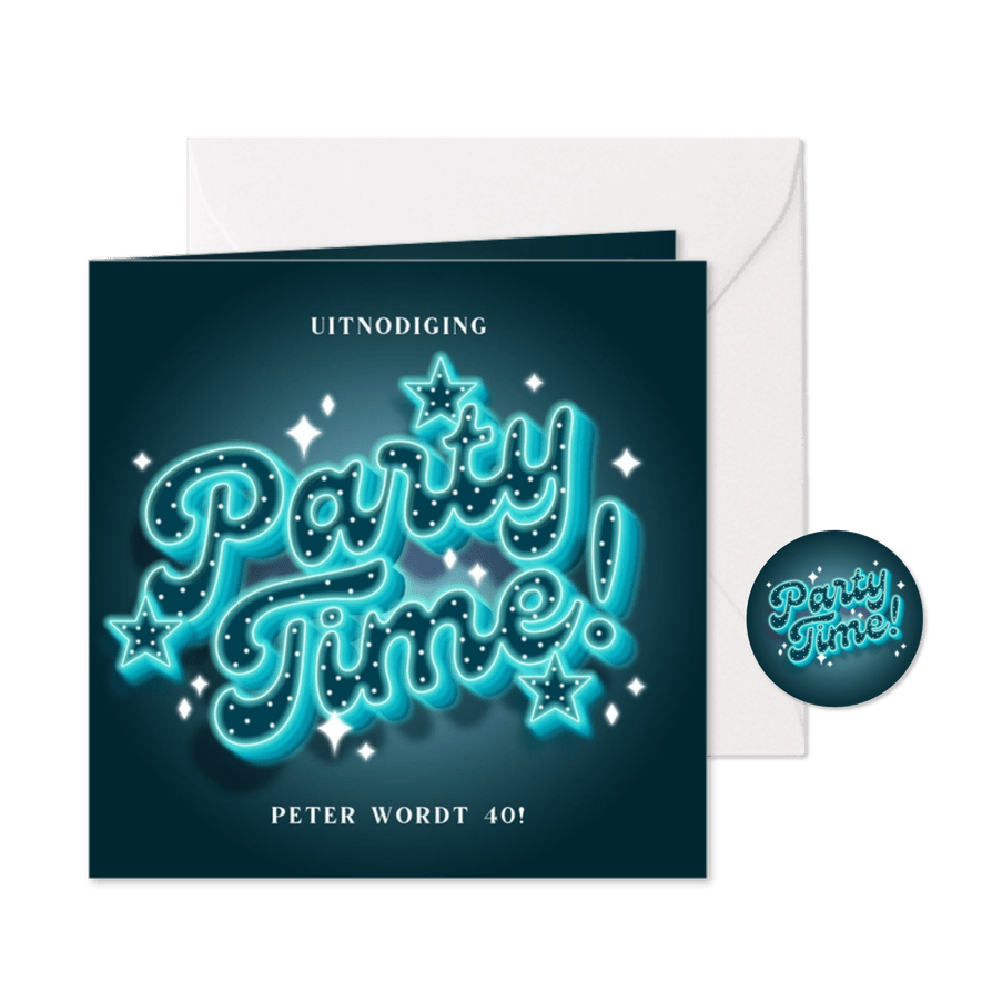 Uitnodiging neon 'Party Time!' met sterren  - Kaartimpressie