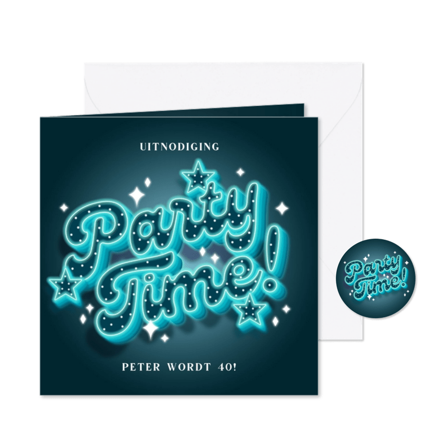Uitnodiging neon 'Party Time!' met sterren - Kaartimpressie