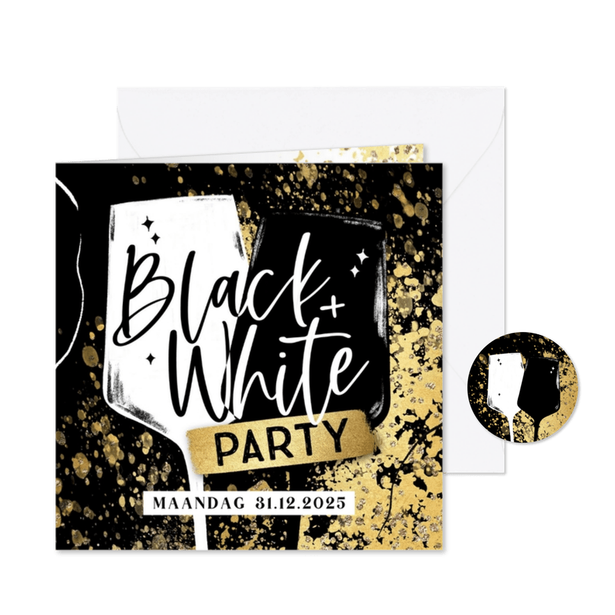 Uitnodiging nieuwjaar Black&White party glazen goudlook - Kaartimpressie