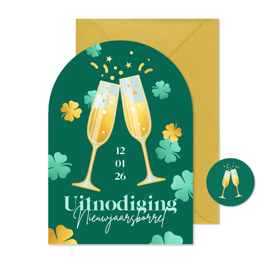 Uitnodiging nieuwjaarsborrel boogvorm champagneglazen - Kaartimpressie