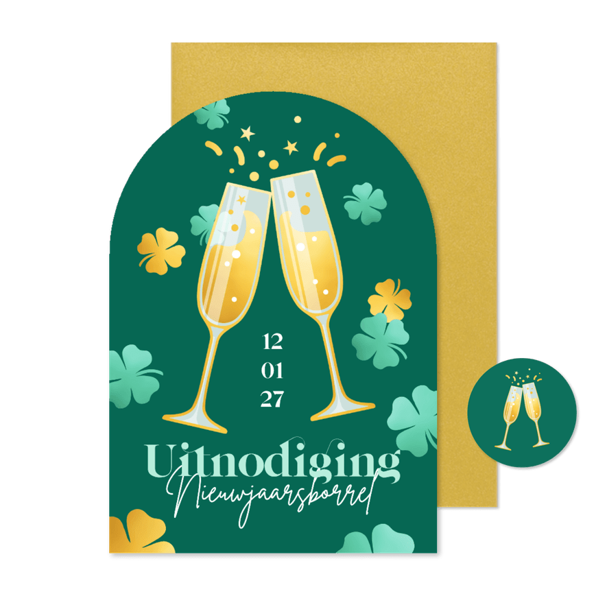 Uitnodiging nieuwjaarsborrel boogvorm champagneglazen - Kaartimpressie