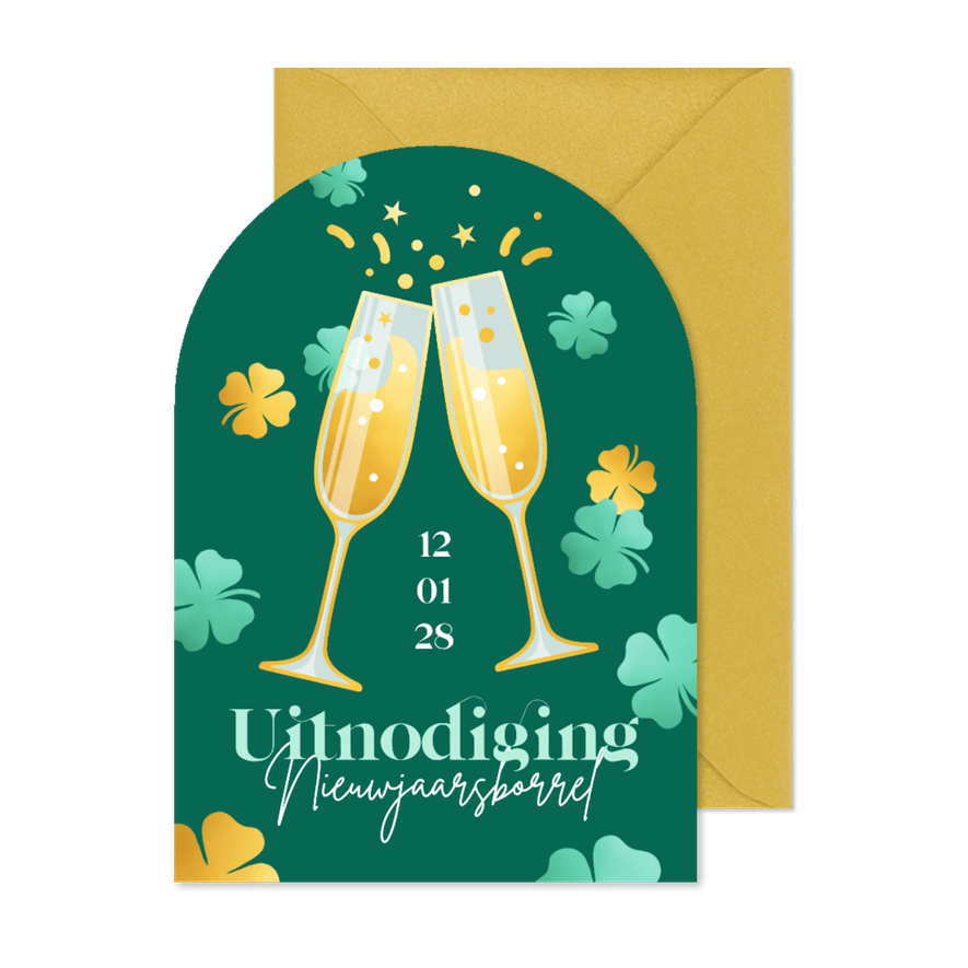 Uitnodiging nieuwjaarsborrel boogvorm champagneglazen - Kaartimpressie