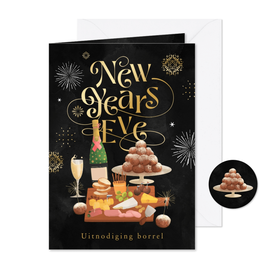 Uitnodiging nieuwjaarsborrel borrelplank oliebollen vuurwerk - Kaartimpressie