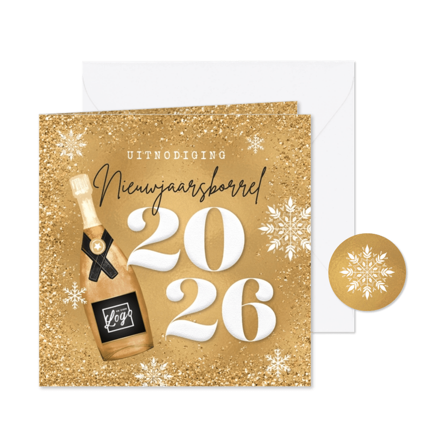 Uitnodiging nieuwjaarsborrel champagne goud 2026 - Kaartimpressie