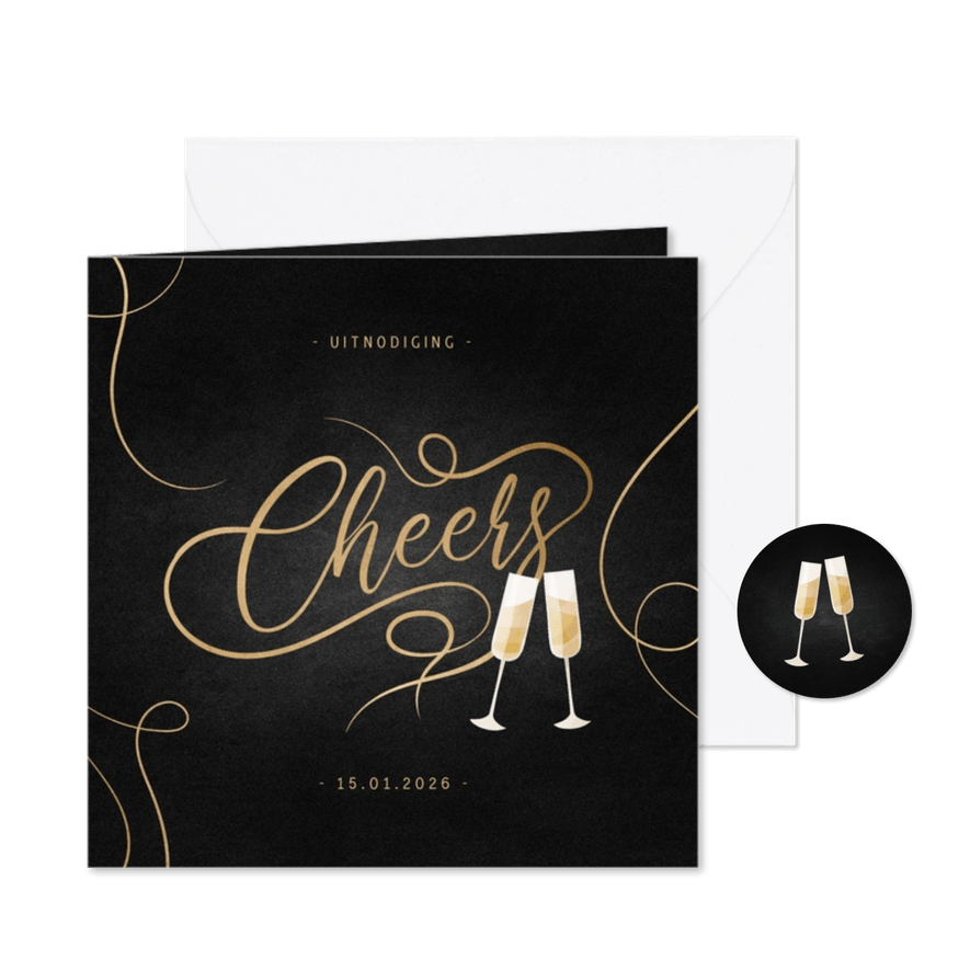 Uitnodiging nieuwjaarsborrel champagne met gouden linten - Kaartimpressie