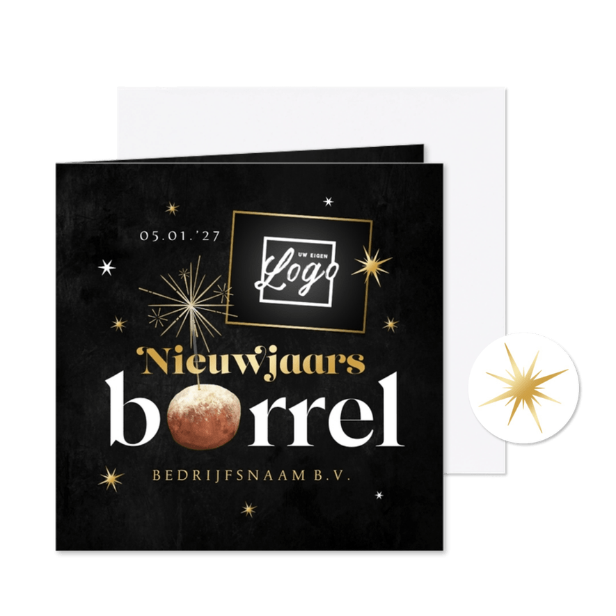 Uitnodiging nieuwjaarsborrel champagne oliebol sterren goud - Kaartimpressie