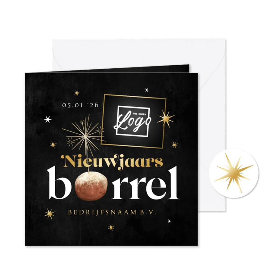 Uitnodiging nieuwjaarsborrel champagne oliebol sterren goud - Kaartimpressie