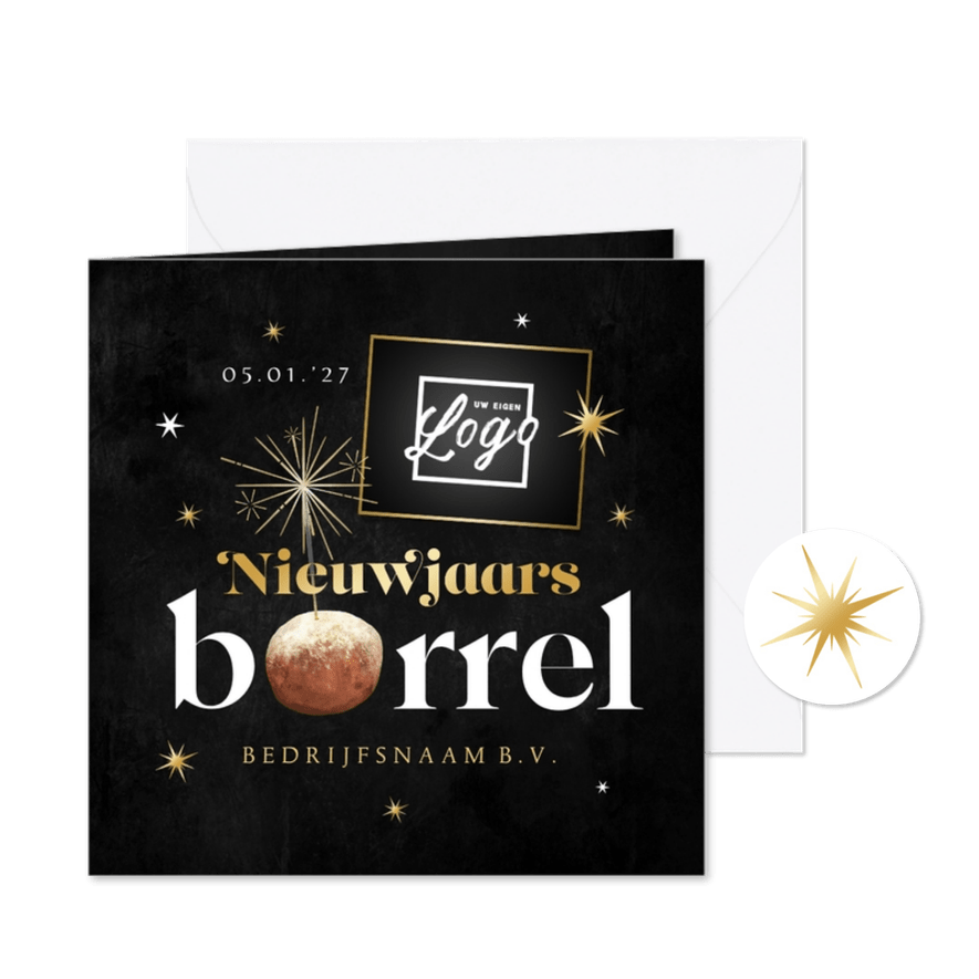 Uitnodiging nieuwjaarsborrel champagne oliebol sterren goud - Kaartimpressie