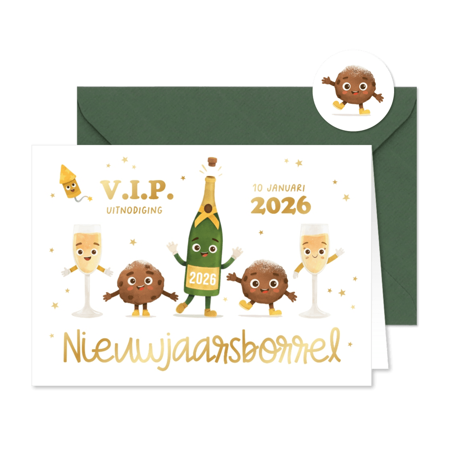 Uitnodiging nieuwjaarsborrel champagne oliebollen sterren - Kaartimpressie