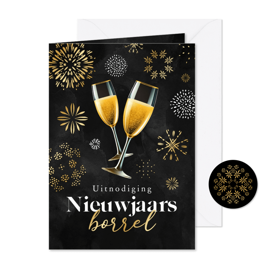 Uitnodiging nieuwjaarsborrel champagne vuurwerk goud - Kaartimpressie