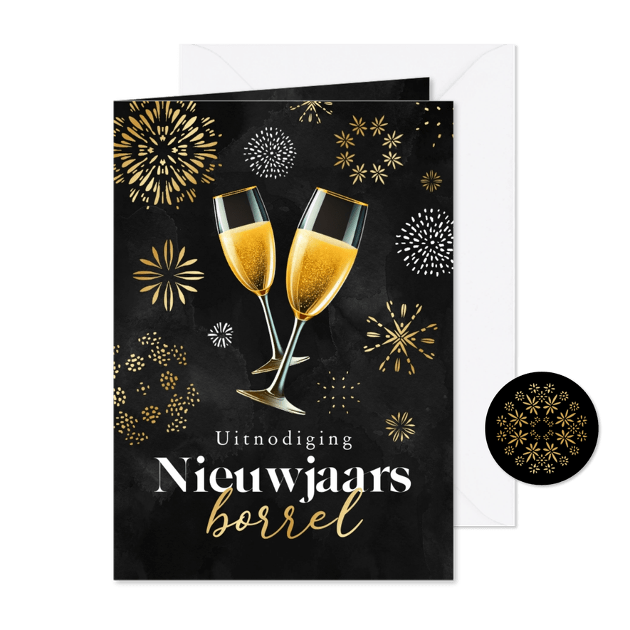 Uitnodiging nieuwjaarsborrel champagne vuurwerk goud - Kaartimpressie
