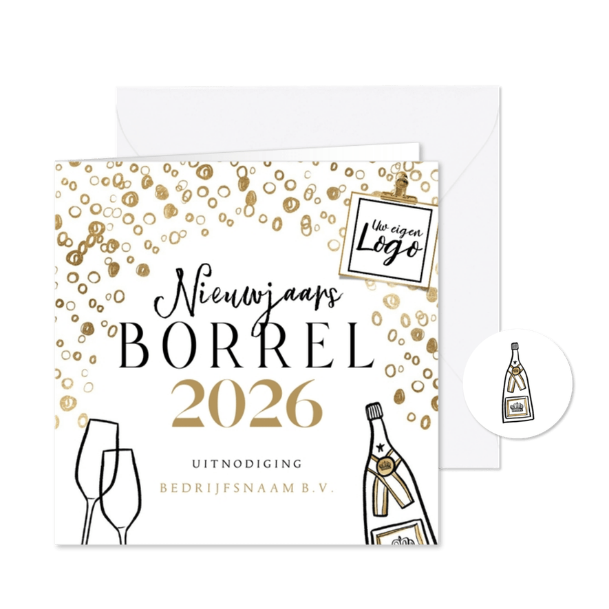 Uitnodiging nieuwjaarsborrel champagnefles bubbles logo - Kaartimpressie
