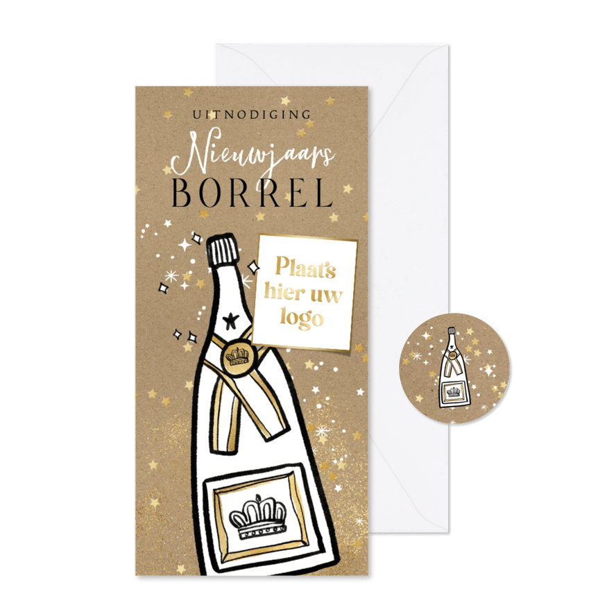 Uitnodiging nieuwjaarsborrel champagnefles goud kraft logo - Kaartimpressie