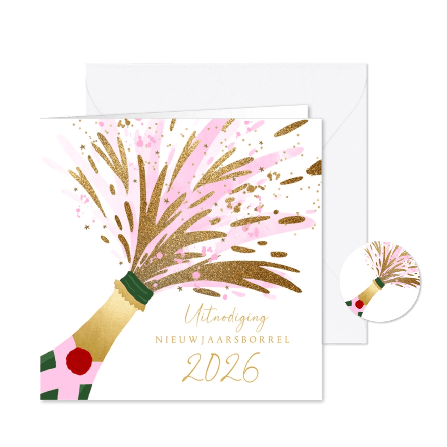 Uitnodiging nieuwjaarsborrel champagnefles hip - Kaartimpressie