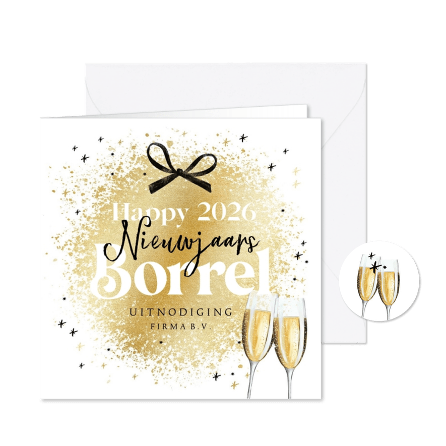 Uitnodiging nieuwjaarsborrel goud sterren champagne - Kaartimpressie