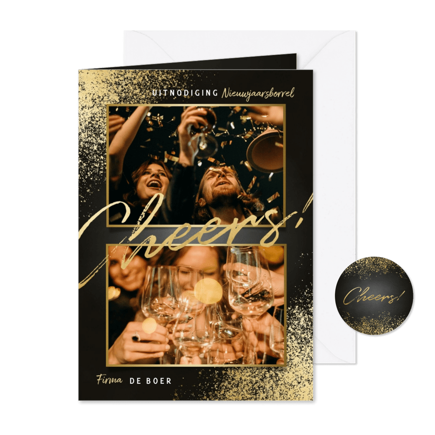 Uitnodiging nieuwjaarsborrel gouden spetters cheers & foto's - Kaartimpressie