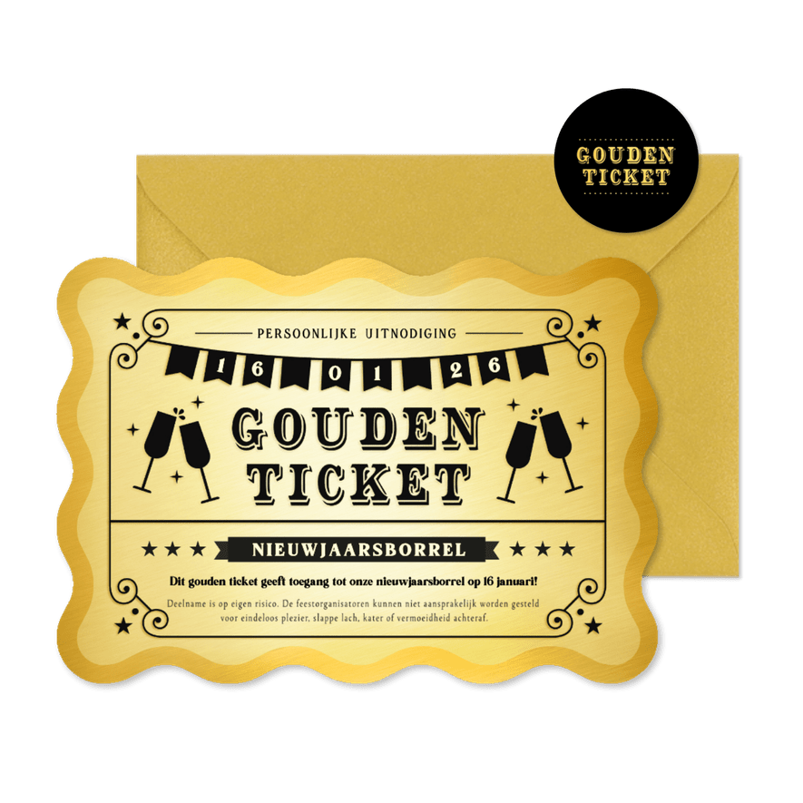 Uitnodiging nieuwjaarsborrel gouden ticket golvend - Kaartimpressie