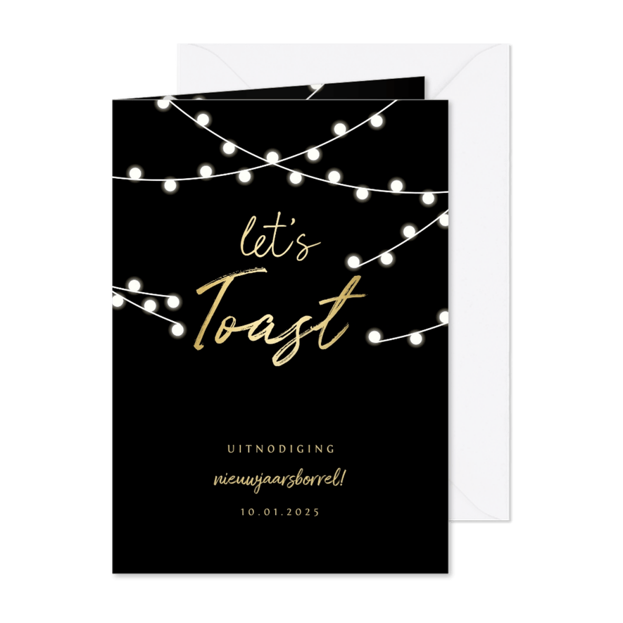 Uitnodiging nieuwjaarsborrel 'let's toast' en lampjes - Kaartimpressie