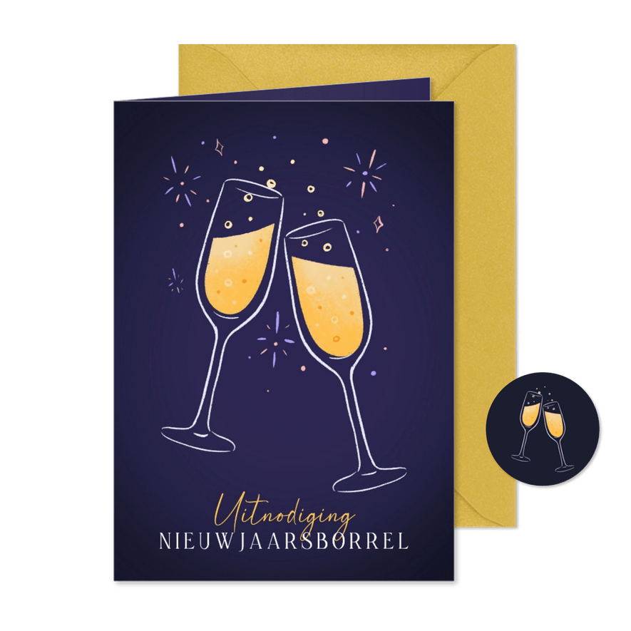 Uitnodiging nieuwjaarsborrel met champagneglazen en vuurwerk - Kaartimpressie