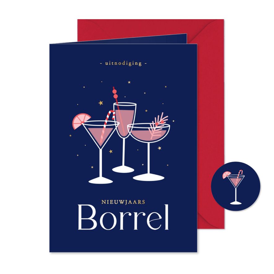 Uitnodiging nieuwjaarsborrel met cocktails gouden sterren - Kaartimpressie