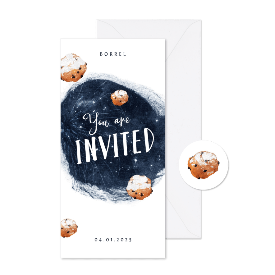 Uitnodiging nieuwjaarsborrel oliebollen vuurwerk verf - Kaartimpressie