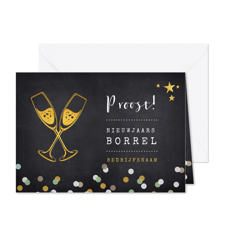 Uitnodiging nieuwjaarsborrel proost met champagneglazen - Kaartimpressie