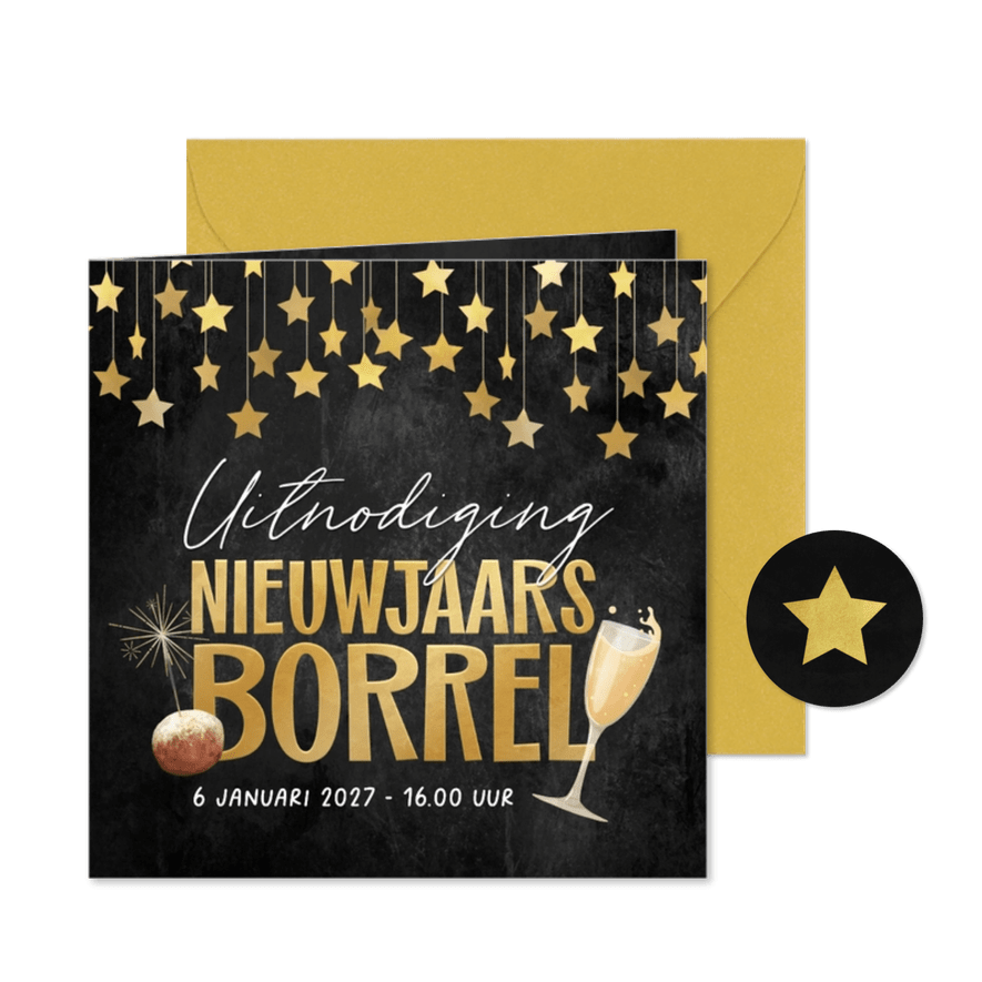 Uitnodiging nieuwjaarsborrel sterren champagne oliebol - Kaartimpressie
