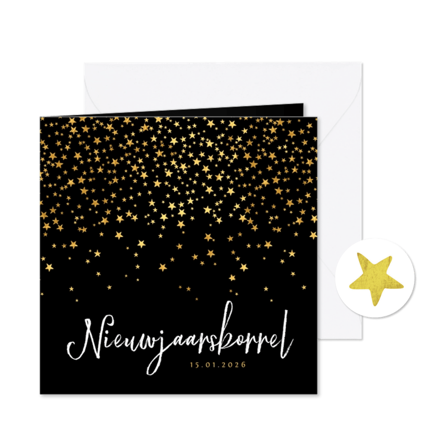 Uitnodiging nieuwjaarsborrel sterren goud confetti - Kaartimpressie