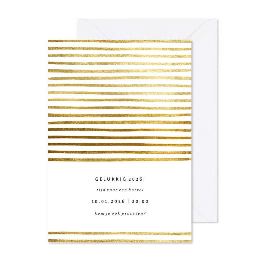 Uitnodiging nieuwjaarsborrel strepen goud  - Kaartimpressie
