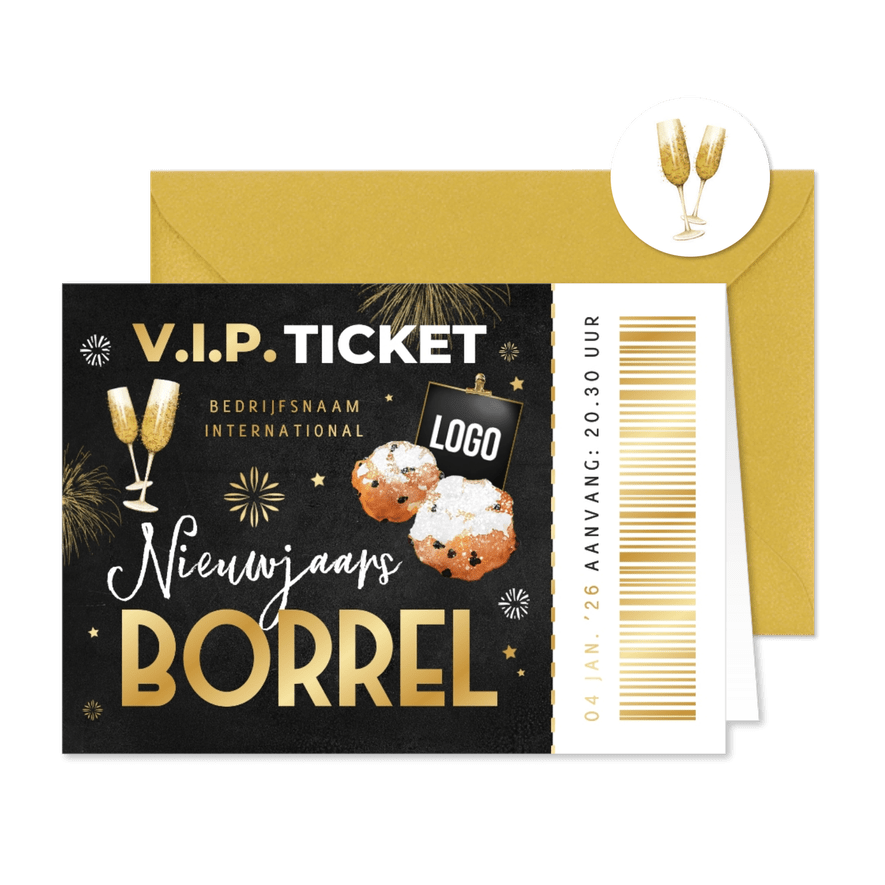 Uitnodiging nieuwjaarsborrel ticket VIP oliebollen champagne - Kaartimpressie