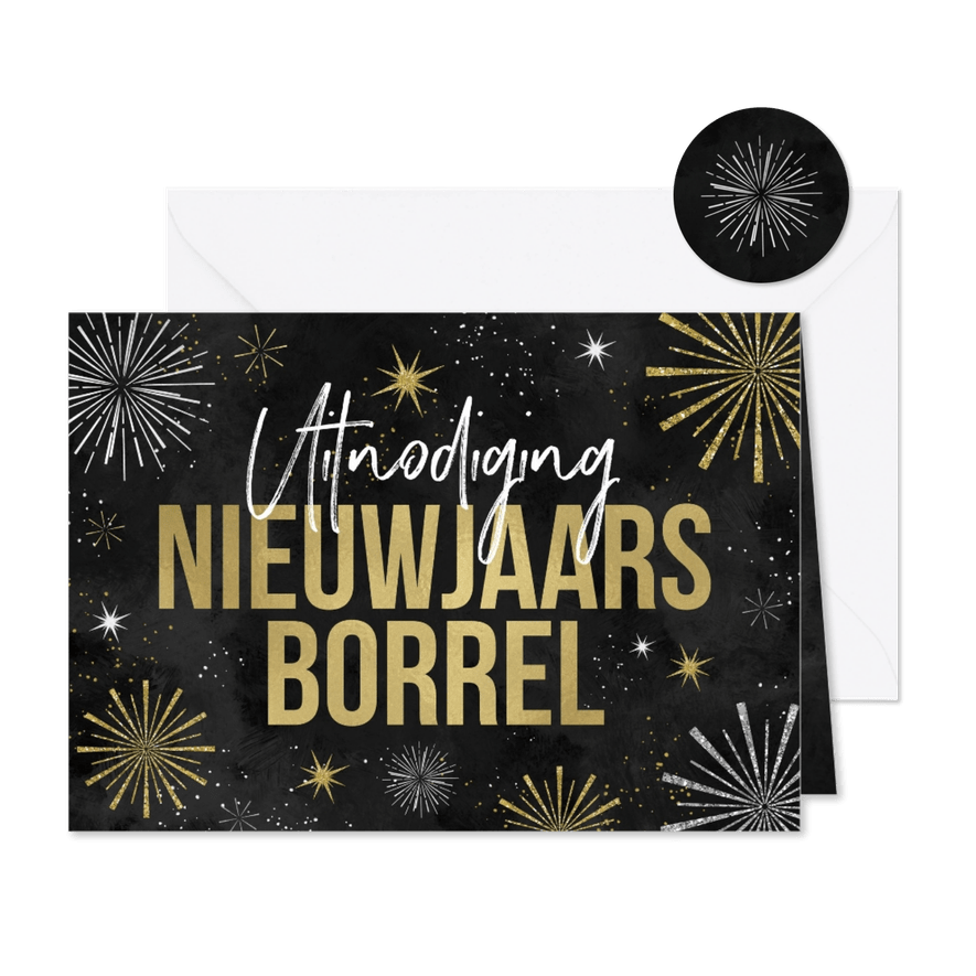 Uitnodiging nieuwjaarsborrel vuurwerk champagne oliebollen - Kaartimpressie