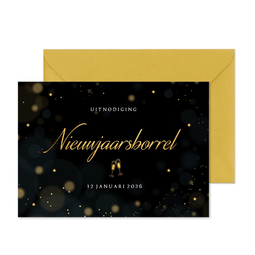 Uitnodiging Nieuwjaarsborrel zwart goudlook champagneglazen - Kaartimpressie