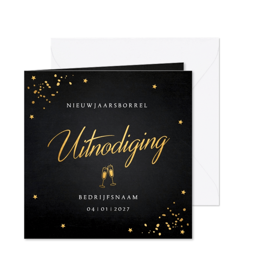 Uitnodiging nieuwjaarsborrel zwart goudlook sterren 2027 - Kaartimpressie