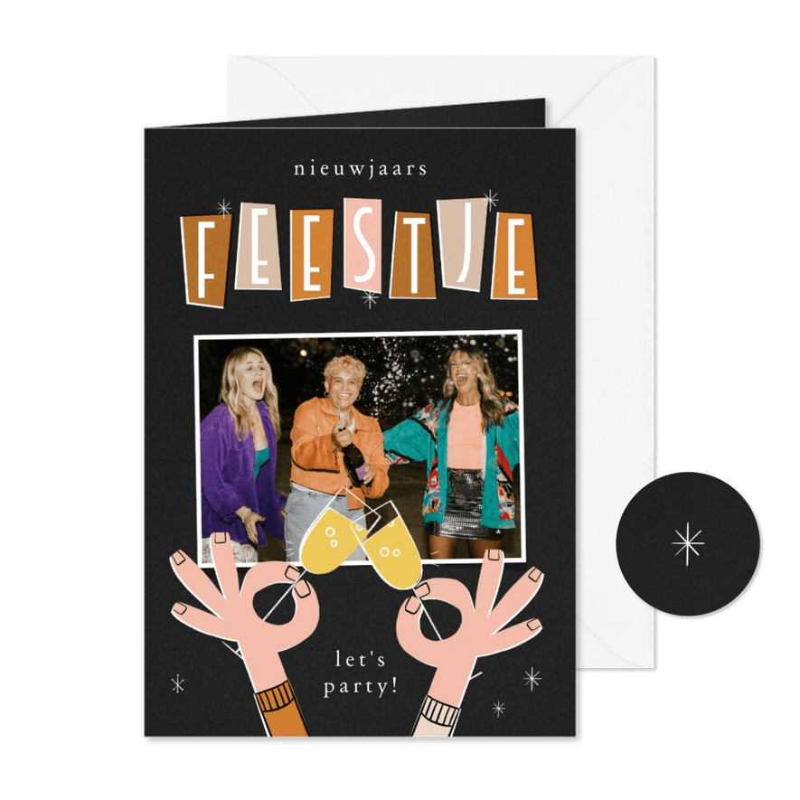 Uitnodiging nieuwjaarsfeestje retro proosten - Kaartimpressie