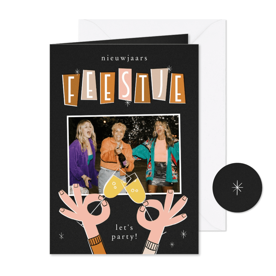 Uitnodiging nieuwjaarsfeestje retro proosten - Kaartimpressie