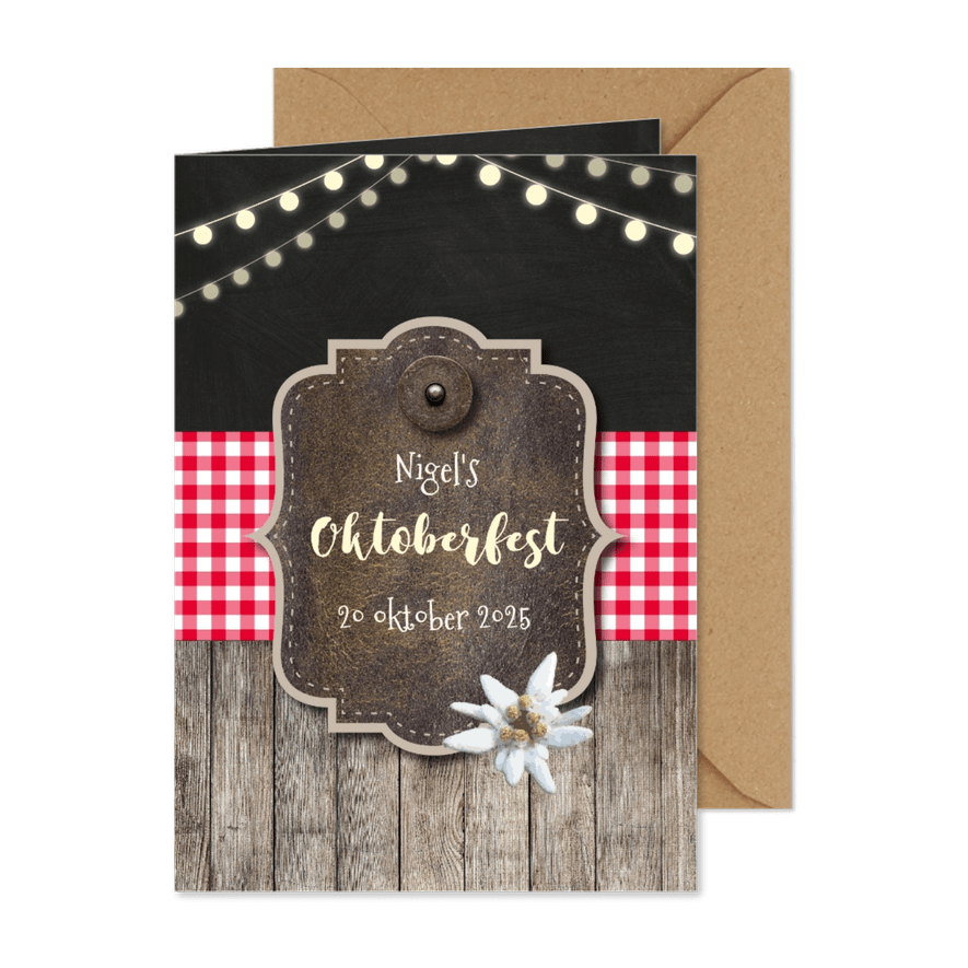 Uitnodiging oktoberfest hout en lampjes - Kaartimpressie