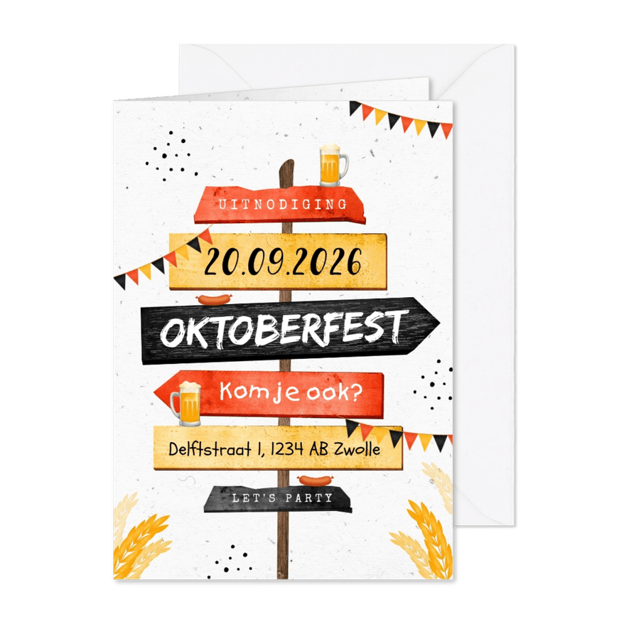 Uitnodiging oktoberfest wegwijzers slingers bier worst - Kaartimpressie