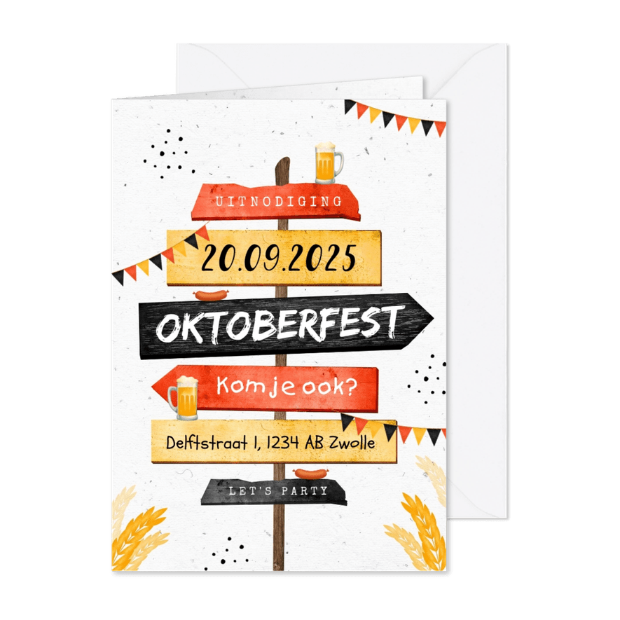 Uitnodiging oktoberfest wegwijzers slingers bier worst - Kaartimpressie