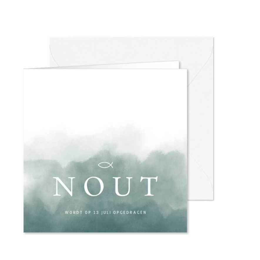 Uitnodiging opdragen met petrol blauwe waterverf en hartje - Kaartimpressie