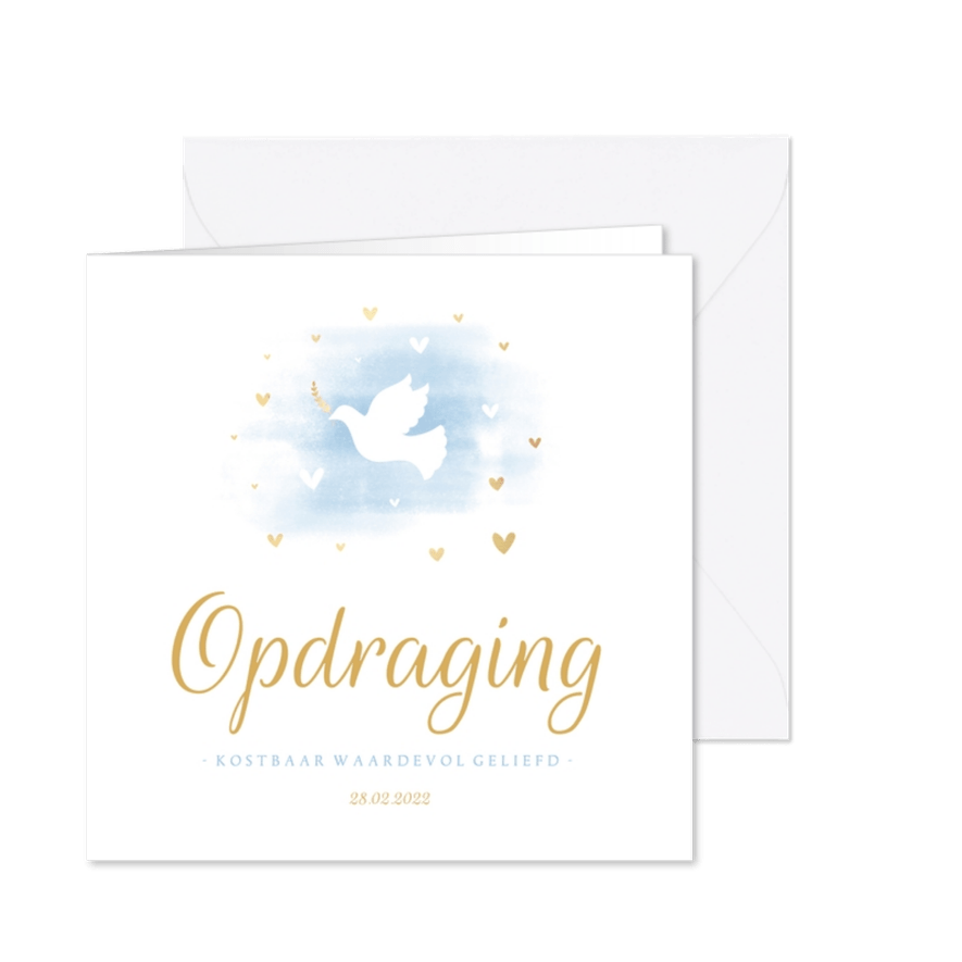 Uitnodiging opdraging duif met waterverf en hartjes - Kaartimpressie