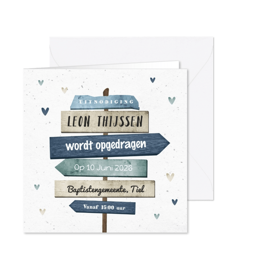 Uitnodiging opdraging met wegwijzer en hartjes - Kaartimpressie