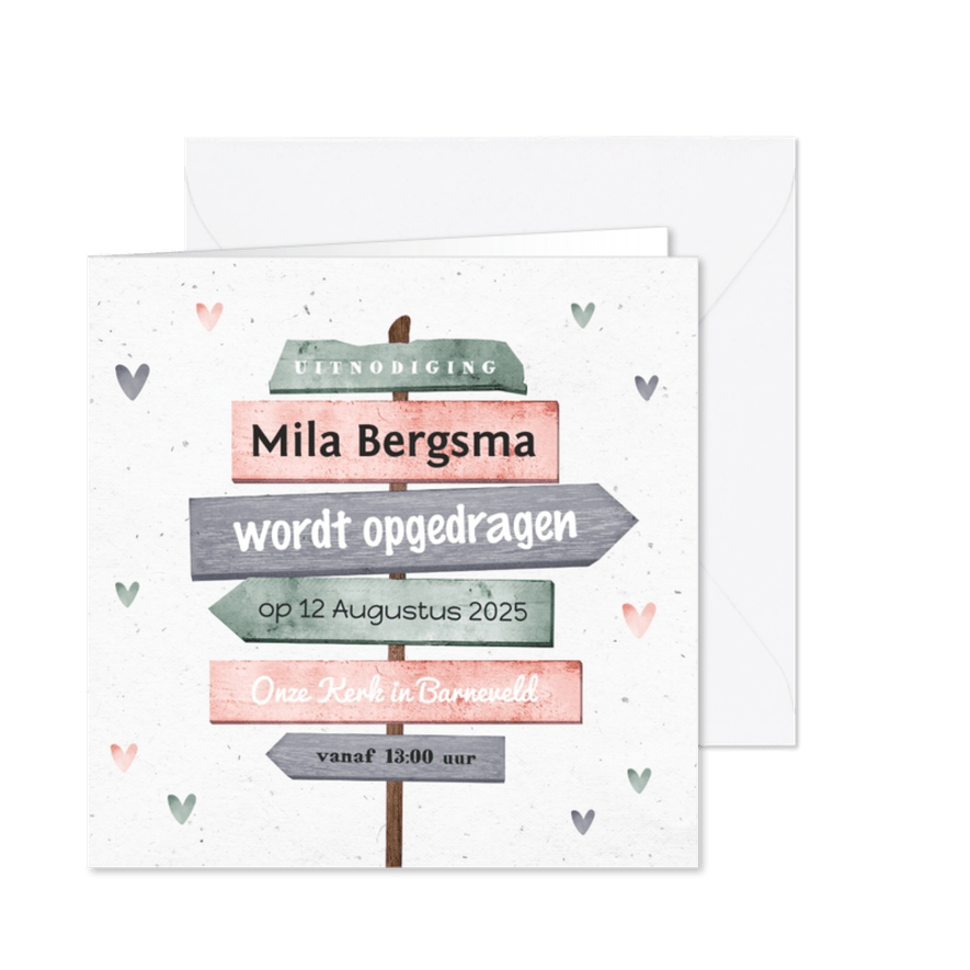 Uitnodiging opdraging roze wegwijzer en harten - Kaartimpressie